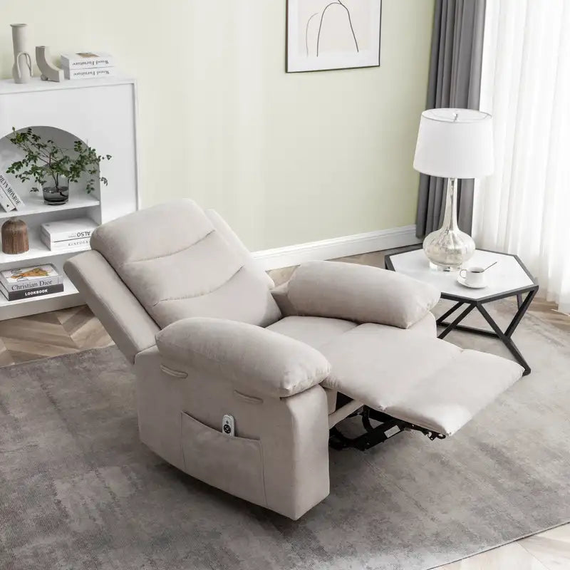 Electric Power Recliner Chair with Massage & Heat - Beige Velvet