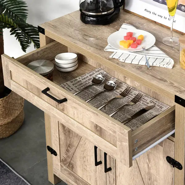 Farmhouse Oak Sideboard Buffet: Wooden Kitchen Cabinet with Drawer & Shelf