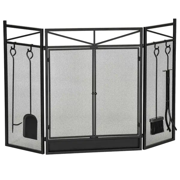 Black 48" 3-Panel Fireplace Screen with Magnetic Doors & Tool Set