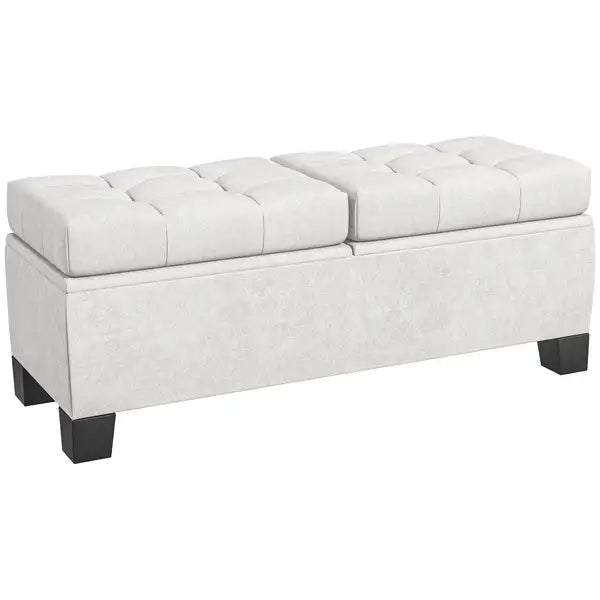 Cream Upholstered Storage Ottoman Bench with Hinges - 46"