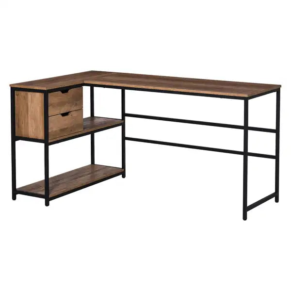 L-Shaped Computer Desk with Storage, Steel Frame - Black/Brown