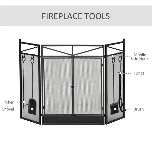 Black 48" 3-Panel Fireplace Screen with Magnetic Doors & Tool Set