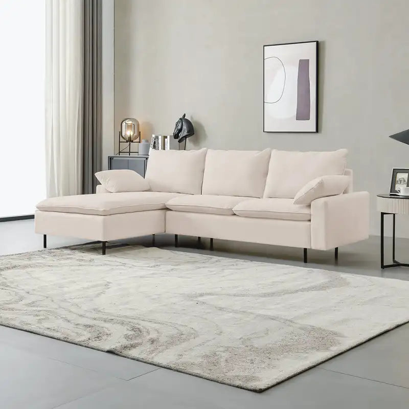 Beige Linen L-Shaped Sectional Sofa with Right Chaise