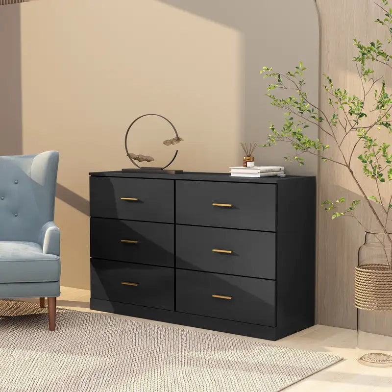 Black 6-Drawer Dresser - Modern Bedroom Chest of Drawers with Ample Storage