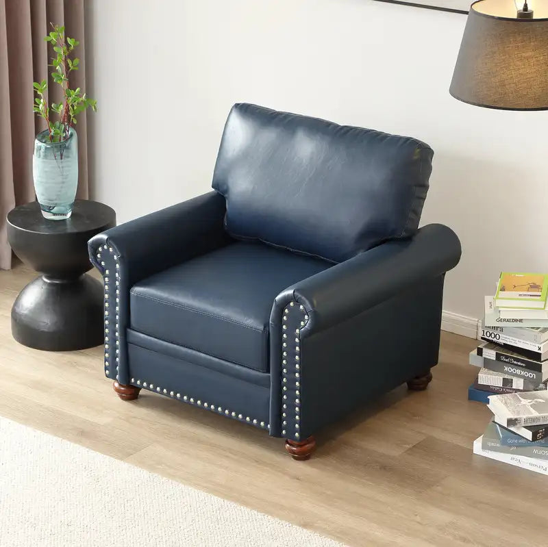 Navy Blue Faux Leather Sofa Chair - Single Seat with Wood Legs