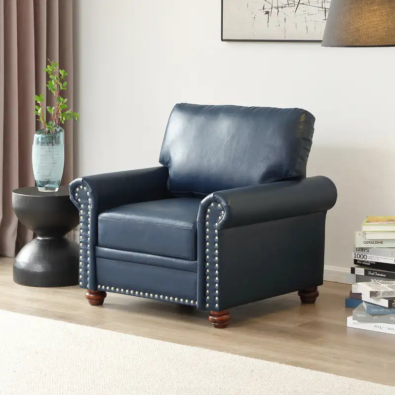 Navy Blue Faux Leather Sofa Chair - Single Seat with Wood Legs