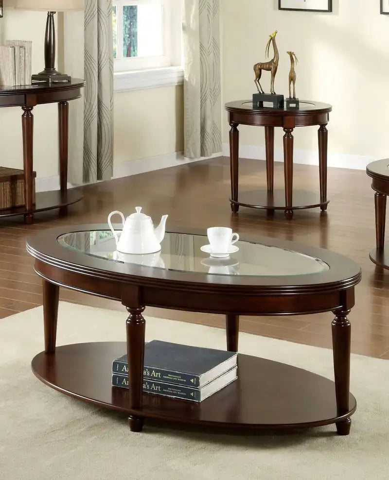 Dark Cherry Coffee Table with Beveled Glass Top & Shelf