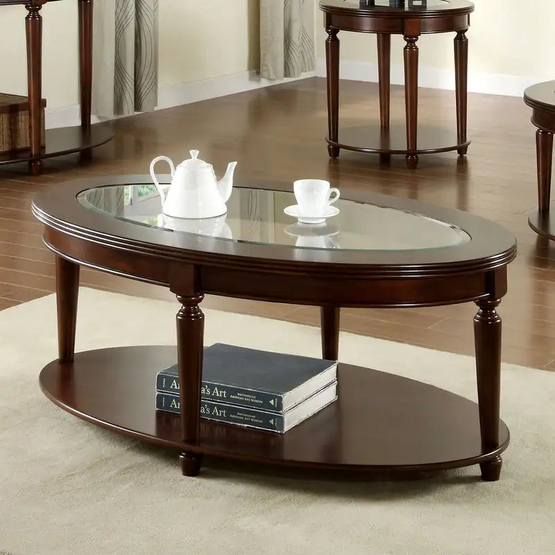 Dark Cherry Coffee Table with Beveled Glass Top & Shelf