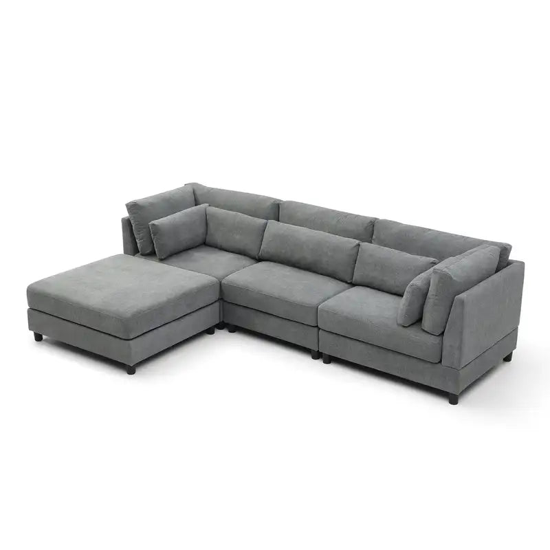 Modern Grey L-Shaped Sectional Sofa with Reversible Chaise & Ottoman