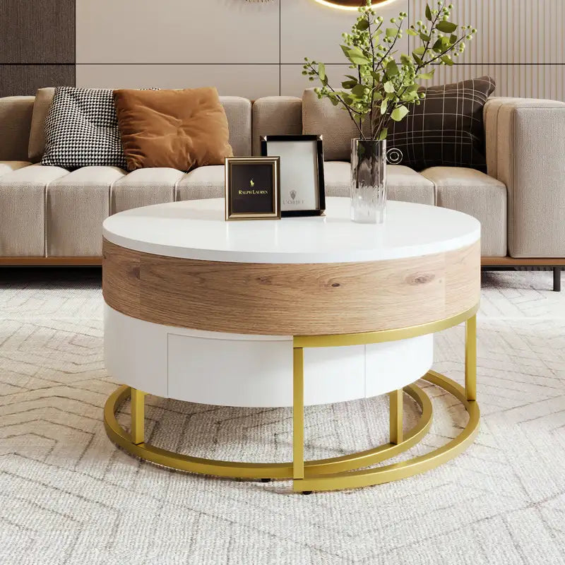 White & Natural Round Lift-Top Coffee Table Set with Drawers