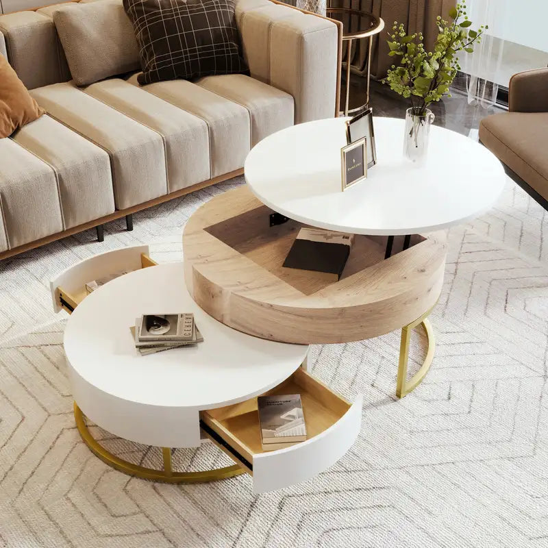 White & Natural Round Lift-Top Coffee Table Set with Drawers