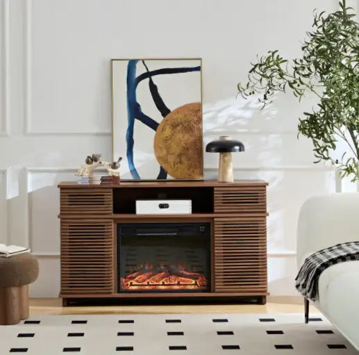 Walnut Solid Wood TV Stand with Adjustable Shelves & Remote Control Fireplace