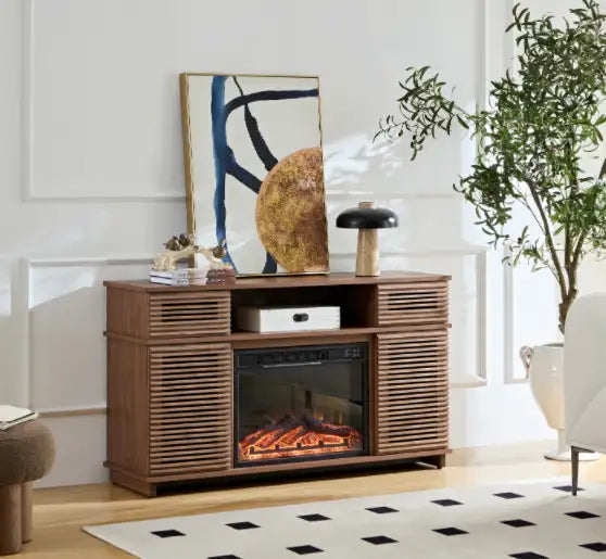 Walnut Solid Wood TV Stand with Adjustable Shelves & Remote Control Fireplace