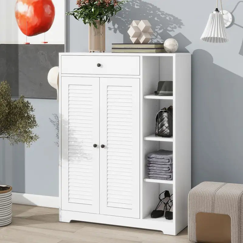 White Slim Shoe Cabinet with Adjustable Shelves & Drawer - Freestanding Shoe Rack