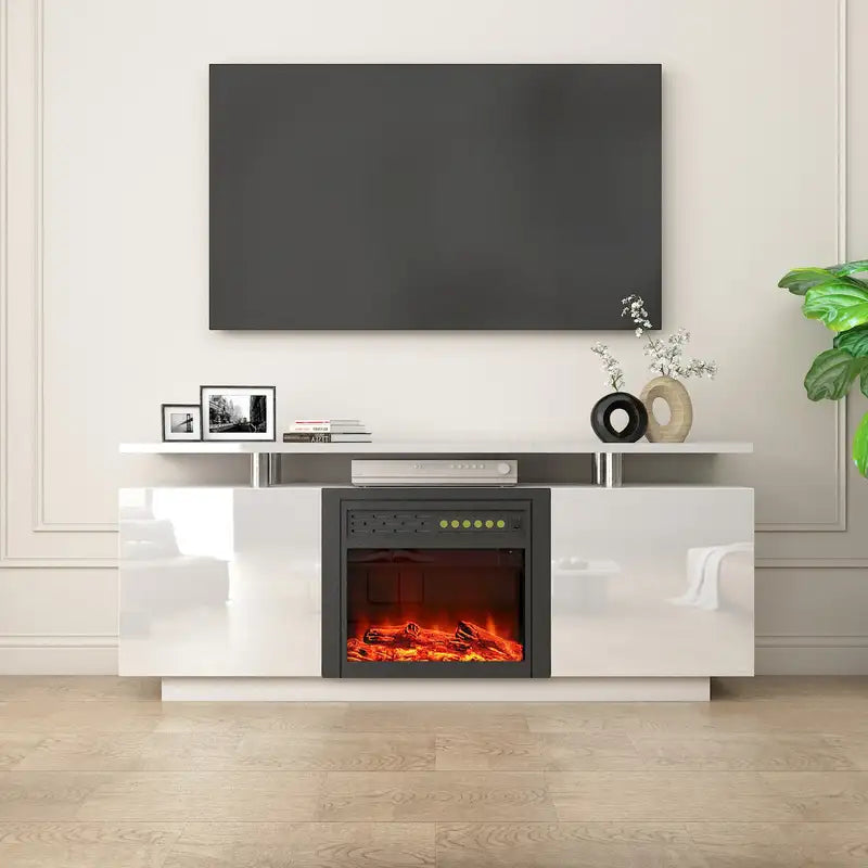 160cm High Gloss TV Stand with Fireplace & Flame Effect