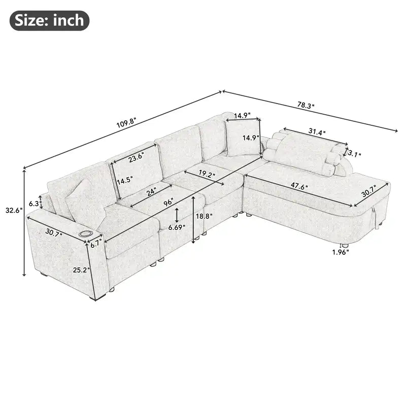 L-Shaped Sectional Sofa with Storage, Cup Holders & USB - 109.8" Black