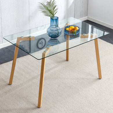 Modern Minimalist Glass Dining Table for 4-6 | Rectangle, Tempered Glass Top, Metal Legs, Kitchen/Dining/Living Room