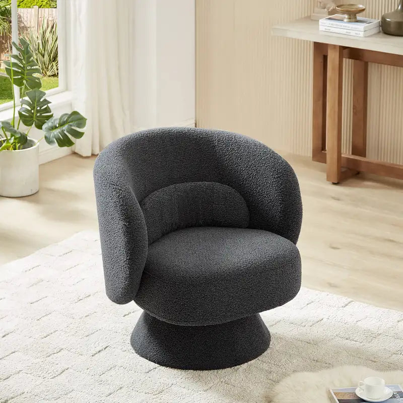 Sherpa Accent Chair, 360° Swivel Barrel Chair w/ Pillows - Dark Grey