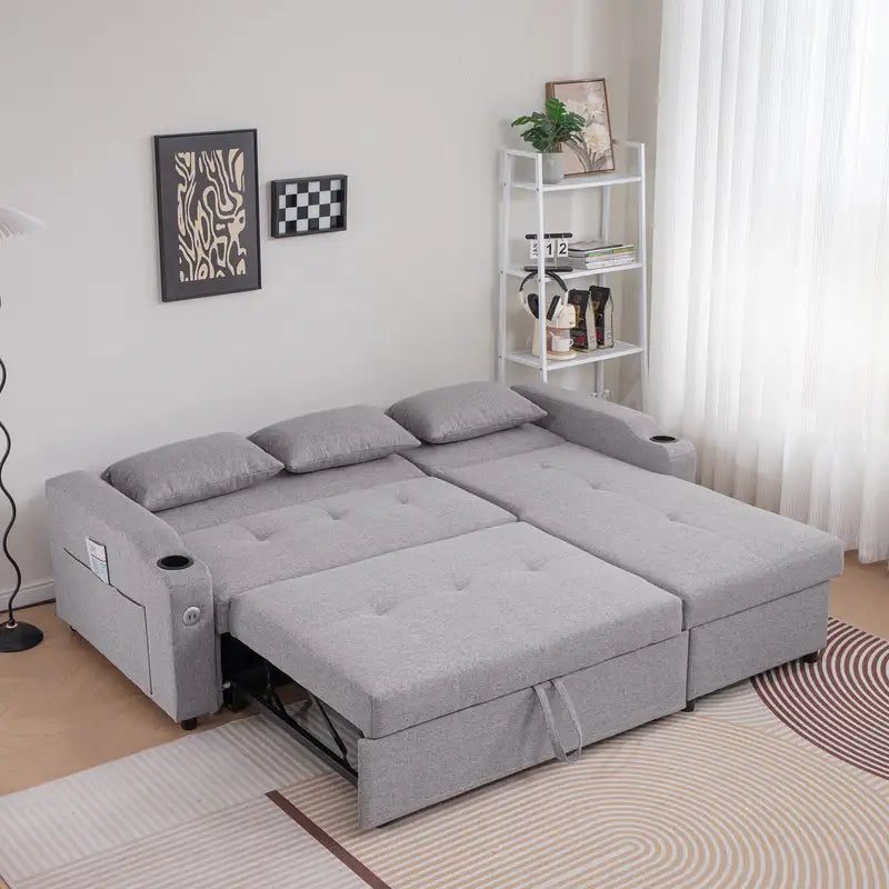 84" Adjustable Linen Sofa Bed with USB, Cup Holders & Storage - 3-in-1 Convertible Couch