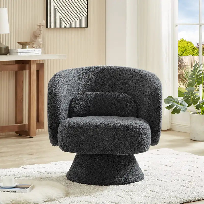 Sherpa Accent Chair, 360° Swivel Barrel Chair w/ Pillows - Dark Grey