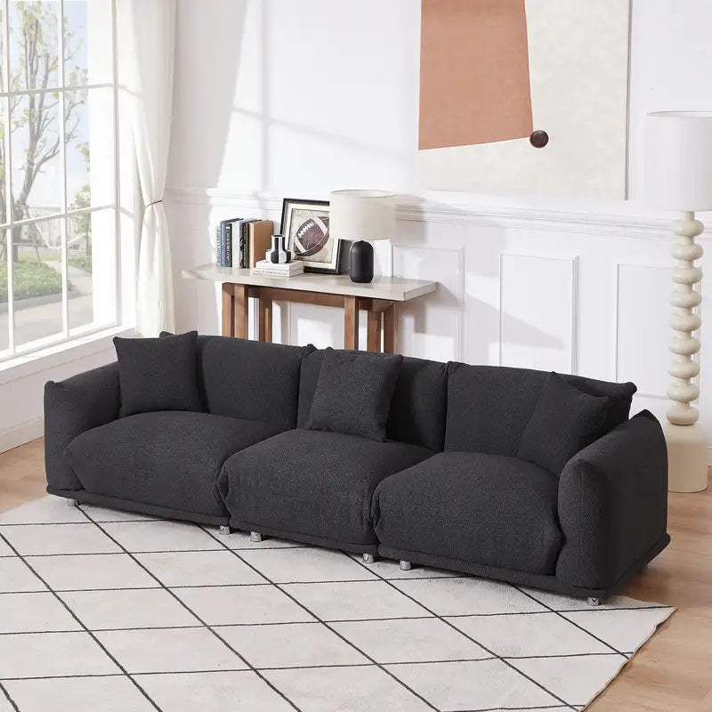 Black Lambswool Sherpa Sofa - 4 Seater Modular Couch with Pillows