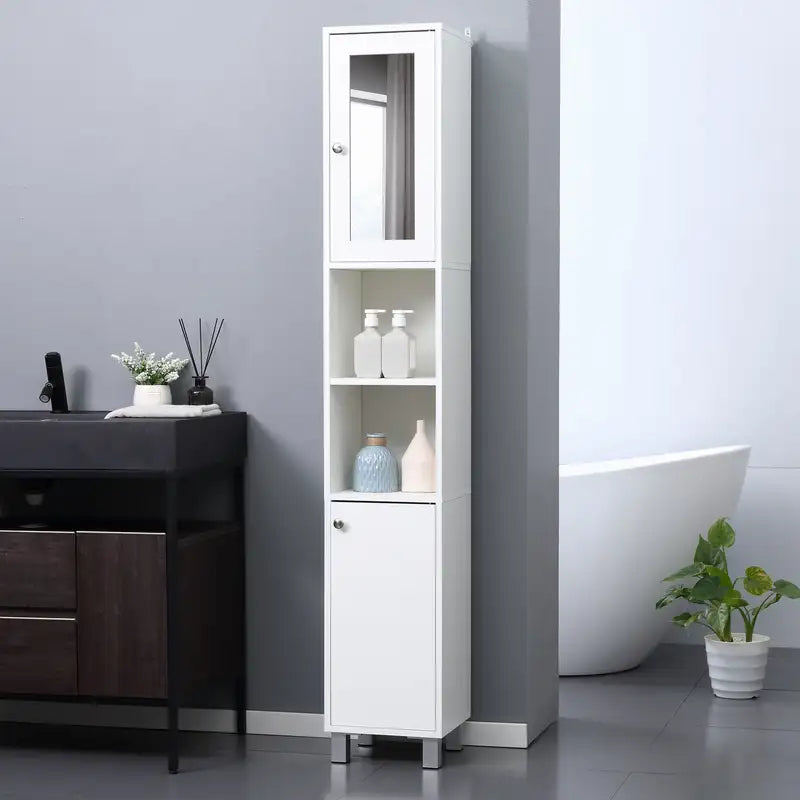 Tall White Bathroom Cabinet with Mirror & Adjustable Shelves