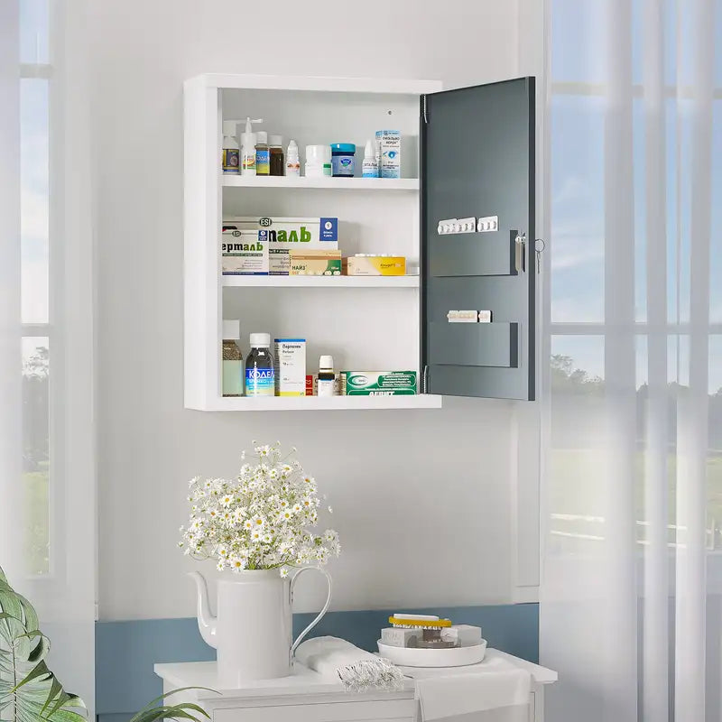 Locking Bathroom Medicine Cabinet with Shelves - White & Grey