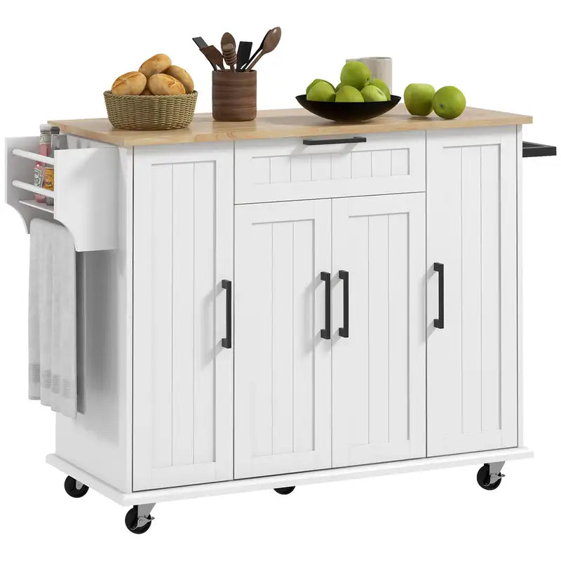 Rolling Kitchen Island Cart with Wood Top, Storage & Spice Rack - White