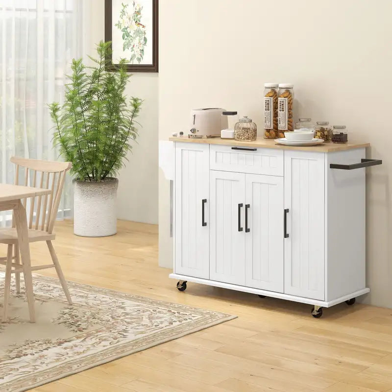 Rolling Kitchen Island Cart with Wood Top, Storage & Spice Rack - White