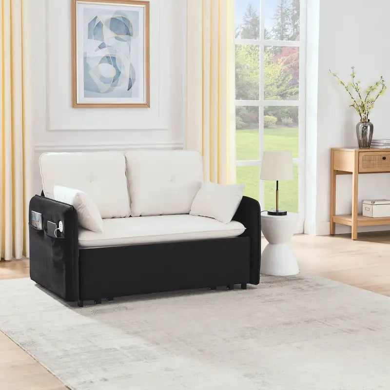 Convertible Sofa Bed with USB, 53", Velvet, White/Black