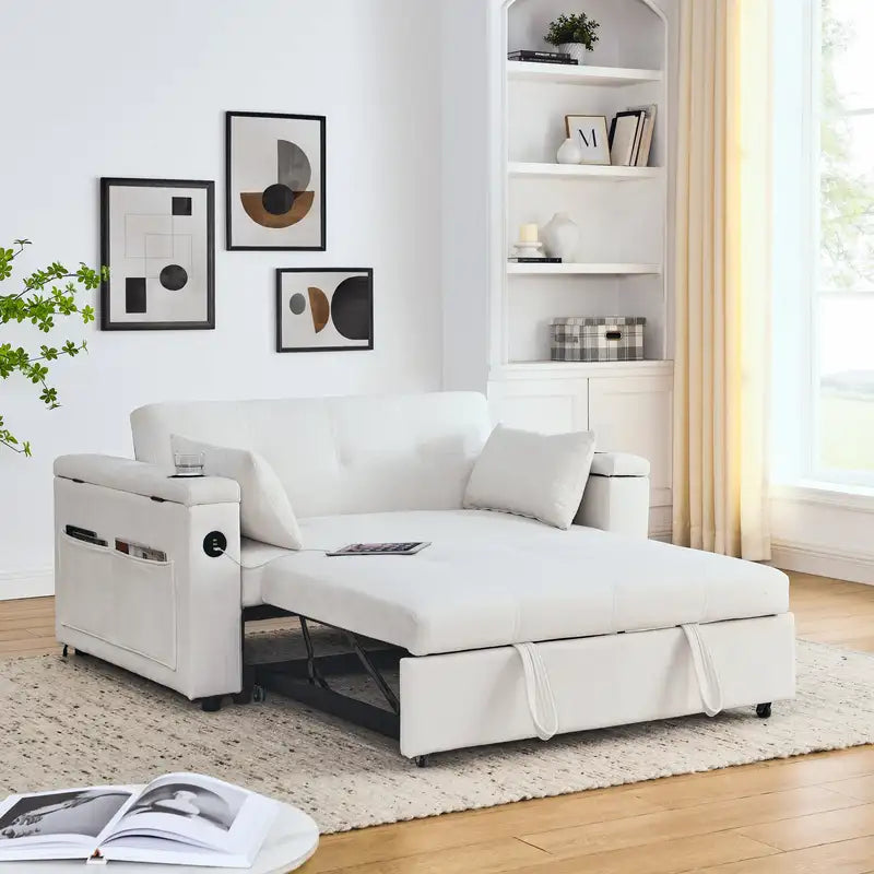 Sleeper Sofa Bed with Storage, Recliner & USB: 54" Double Seat