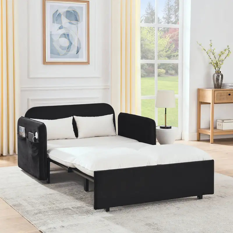 Convertible Sofa Bed with USB, 53", Velvet, White/Black