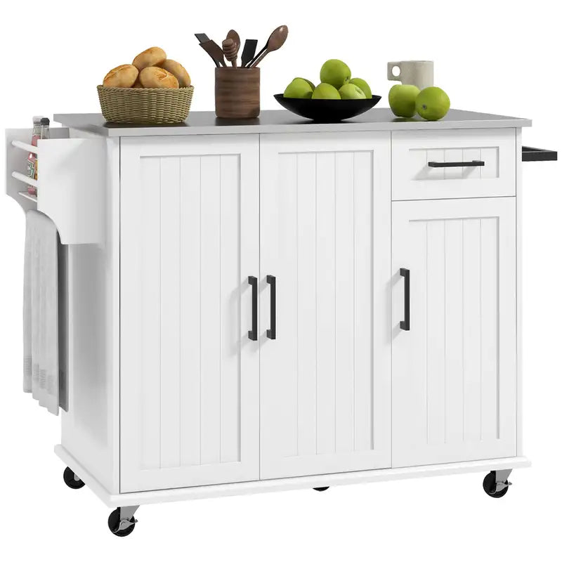 White Rolling Kitchen Island with Storage, 3 Cabinets & Stainless Steel Top