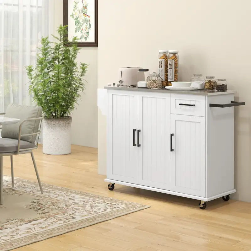 White Rolling Kitchen Island with Storage, 3 Cabinets & Stainless Steel Top