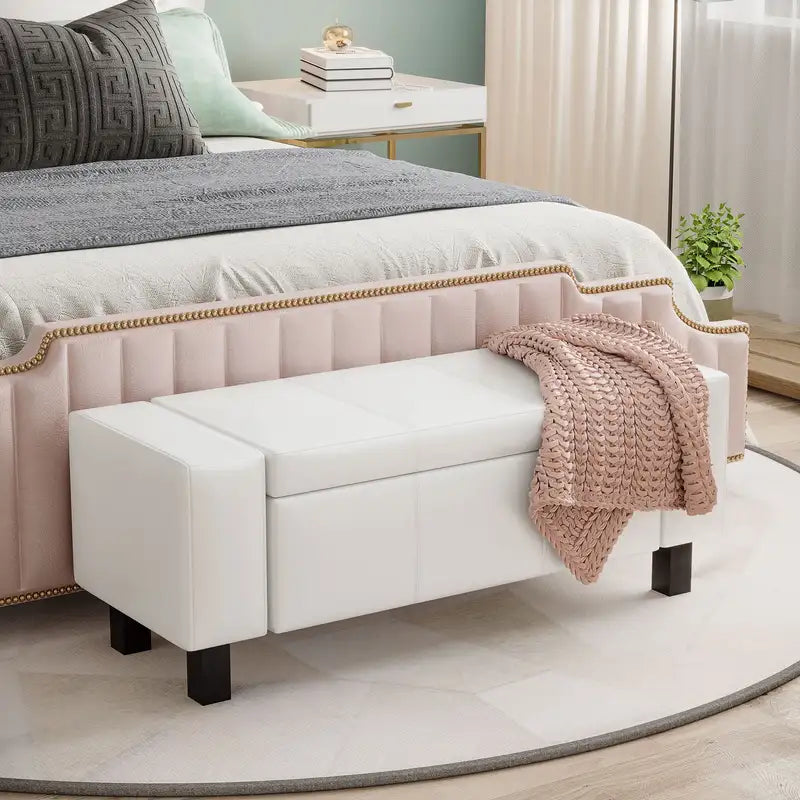 HOMCOM 42" Tufted Faux Leather Storage Ottoman Bench - Cream White