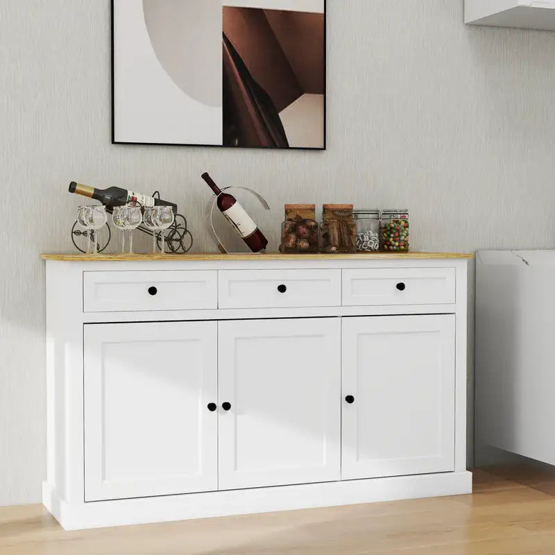 White Farmhouse Buffet Server Cabinet - 3 Drawers, 3 Doors, Adjustable Shelves