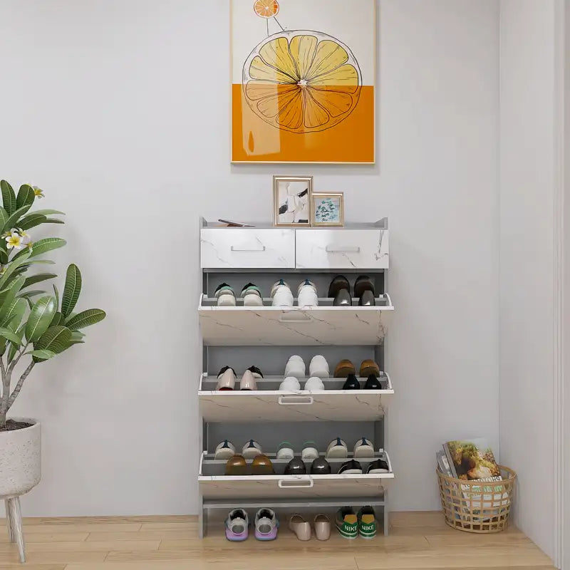 Glossy Marble Shoe Cabinet: 3 Doors, 2 Drawers