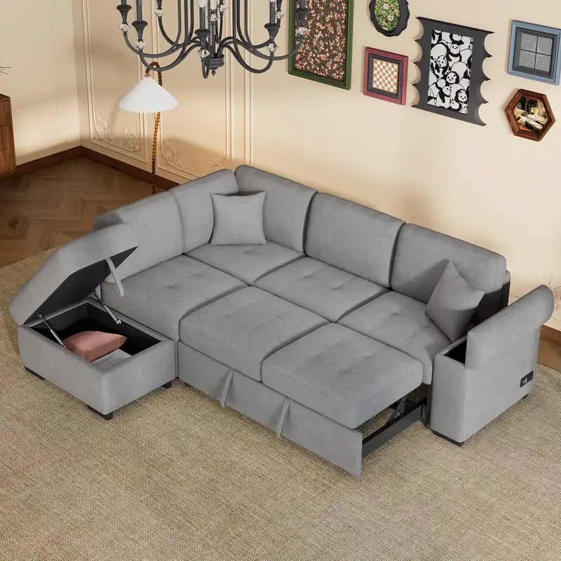 Gray L-Shaped Sleeper Sectional Sofa with Storage & USB