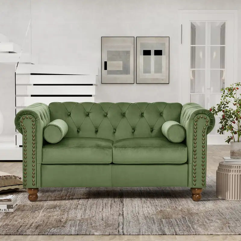 Green Velvet Chesterfield Loveseat - 2 Seater Tufted Sofa for Living Room