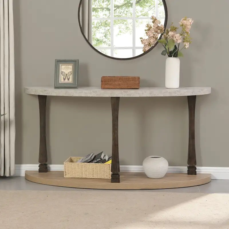 60" Semi-Circle Console Table, Grey & Natural Wood - Small Space Entryway