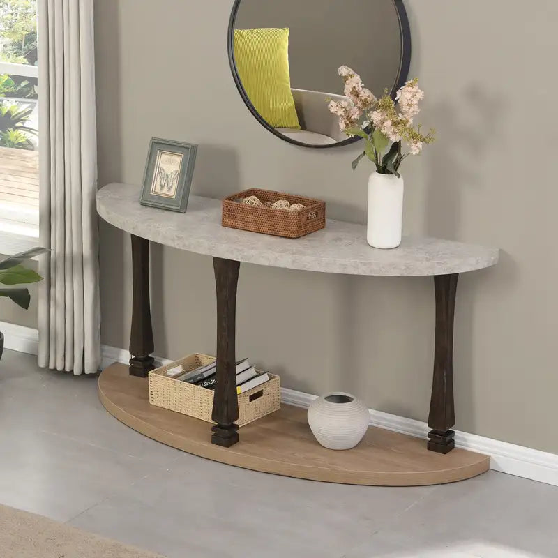 60" Semi-Circle Console Table, Grey & Natural Wood - Small Space Entryway