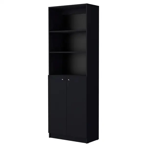 Black 2-Door Bookcase: Modern Storage Shelf for Home Office & Living Room