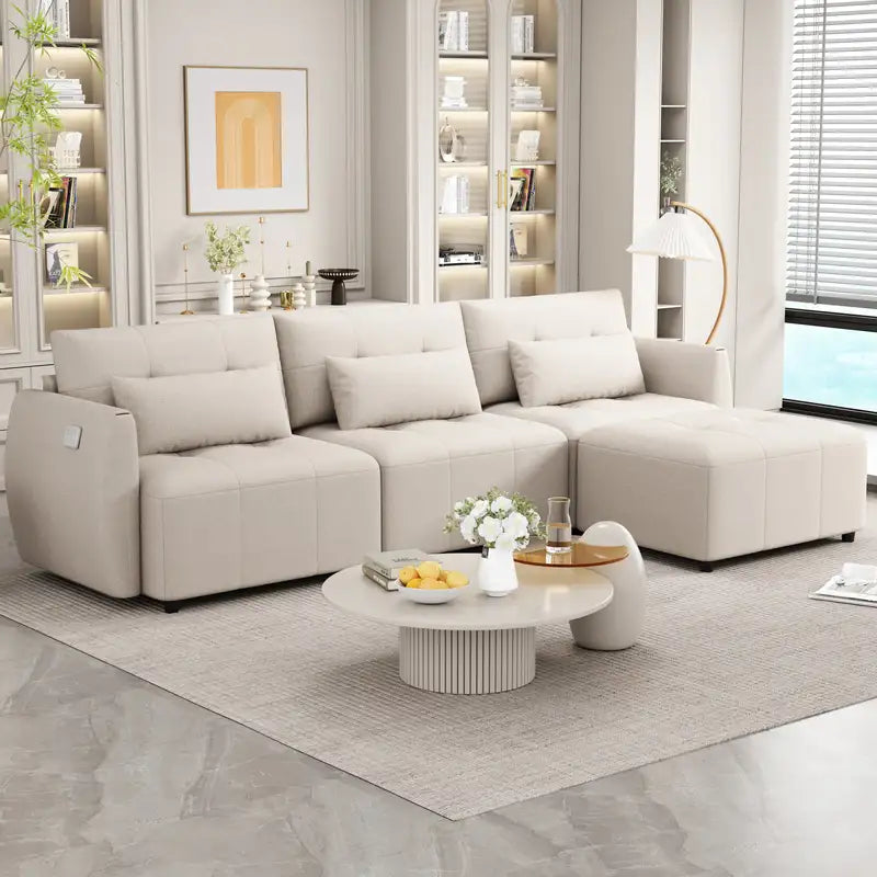 Beige L-Shaped Sectional Sofa with Ottoman & USB - 113.3" Convertible Couch