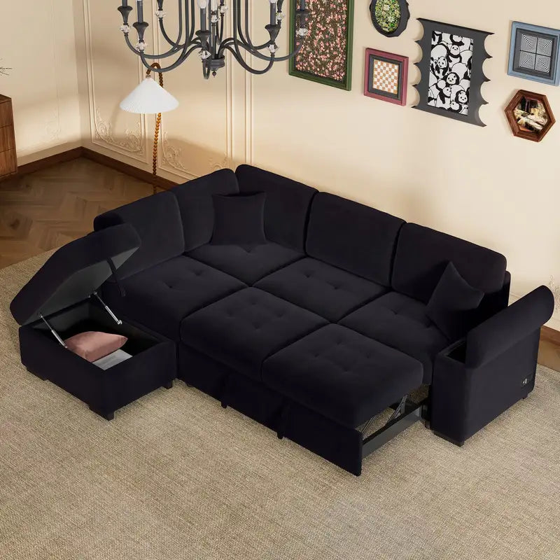 Black L-Shaped Sectional Sofa Bed with Storage & USB Charging