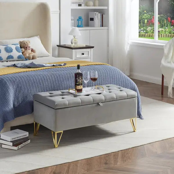 Grey Velvet Storage Bench with Gold Legs - Entryway, Bedroom, Living Room