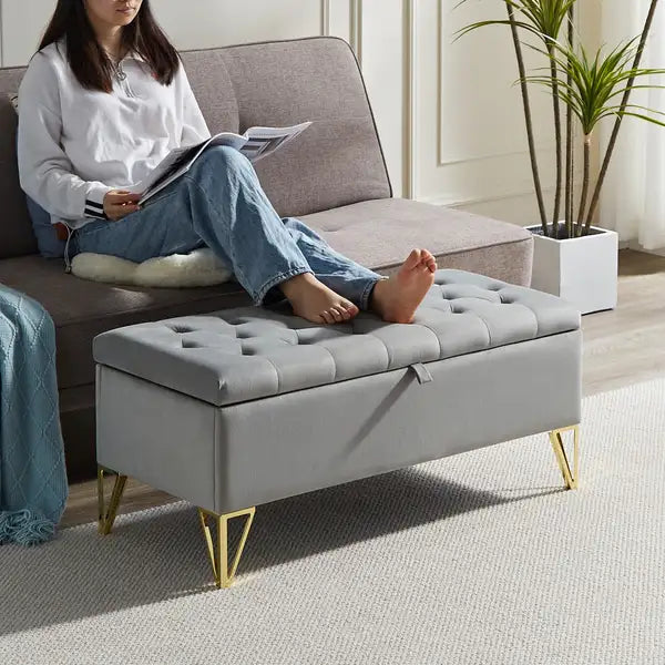 Grey Velvet Storage Bench with Gold Legs - Entryway, Bedroom, Living Room