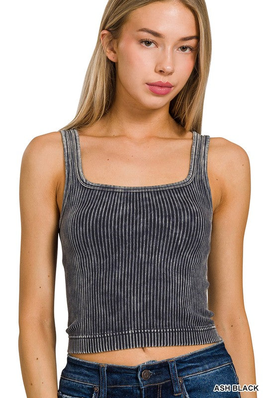 2-Way Neckline Washed Ribbed Cropped Tank Top - Minihomy