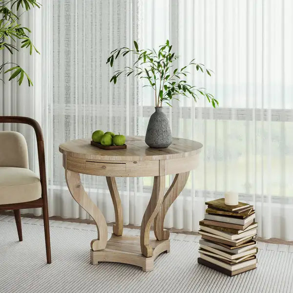 Small Round Farmhouse Dining Table with Curved Legs - Natural Wood Grain Distressed - End, Side, or Coffee Table