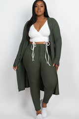 Plus Size Ribbed Long Cardigan & Leggings Set: Cozy & Chic Two-Piece Outfit