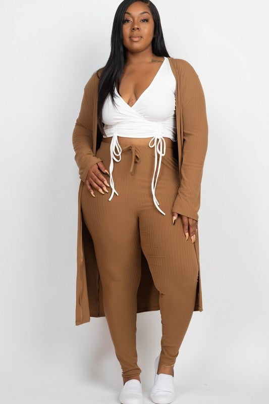 Plus Size Ribbed Long Cardigan & Leggings Set: Cozy & Chic Two-Piece Outfit